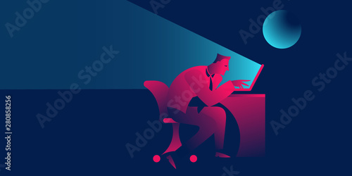 overtime or working late night, deadline. businessman exosted sitting with notebook. business concept in red and blue neon gradients