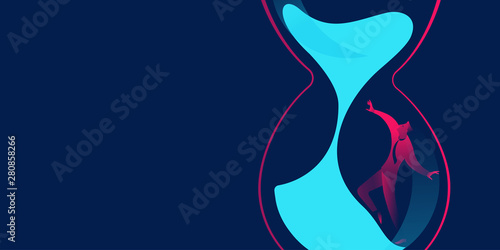 businessman locked in hourglass. run out of time, deadline, lifetime or time management business concept illustration in red and blue neon gradients