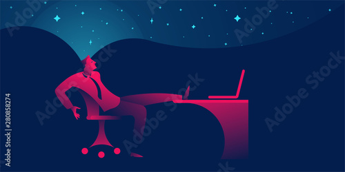 Businessman procrastinating, being lazy, distracted or daydreaming at office. business concept in red and blue neon gradients
