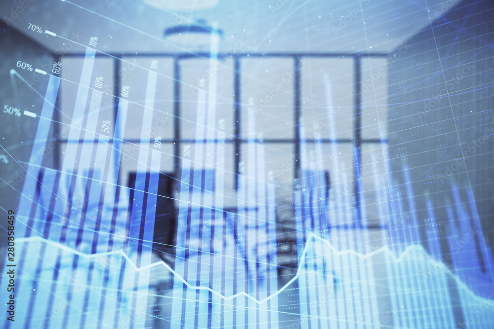 Multi exposure of stock market graph on conference room background. Concept of financial analysis Multi exposure of stock market graph on conference room background. Concept of financial analysis