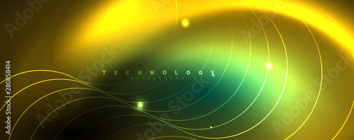 Shiny neon lines template - northern lights glowing blur lines. Futuristic style glow neon 80s disco club or night party techno template