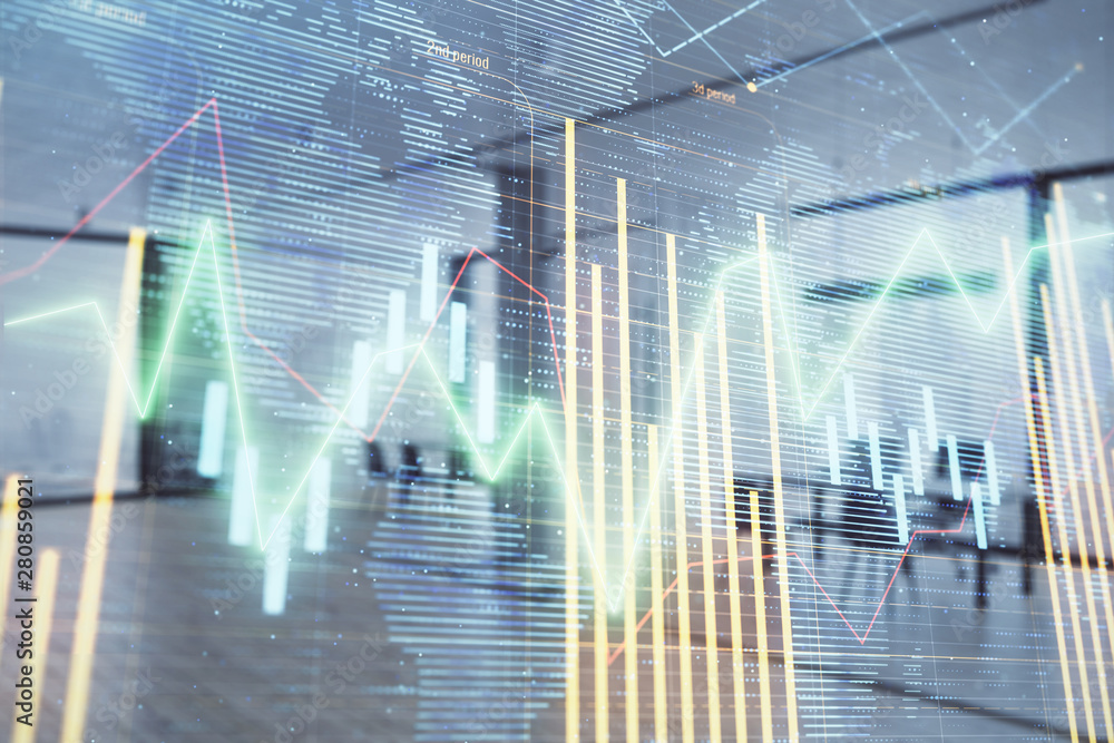 Stock and bond market graph and world map with trading desk bank office interior on background. Multi exposure. Concept of international finance Stock and bond market graph and world map with trading desk bank office interior on background. Multi exposure. Concept of international finance