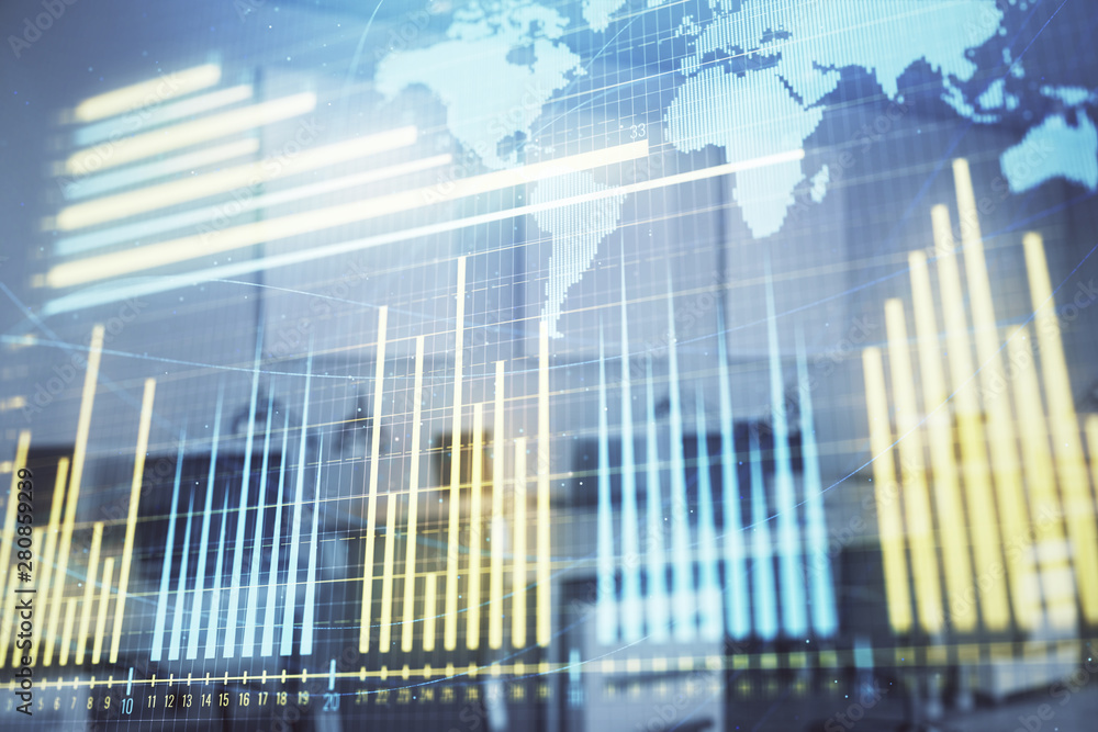 Fototapeta premium Stock and bond market graph and world map with trading desk bank office interior on background. Multi exposure. Concept of international finance