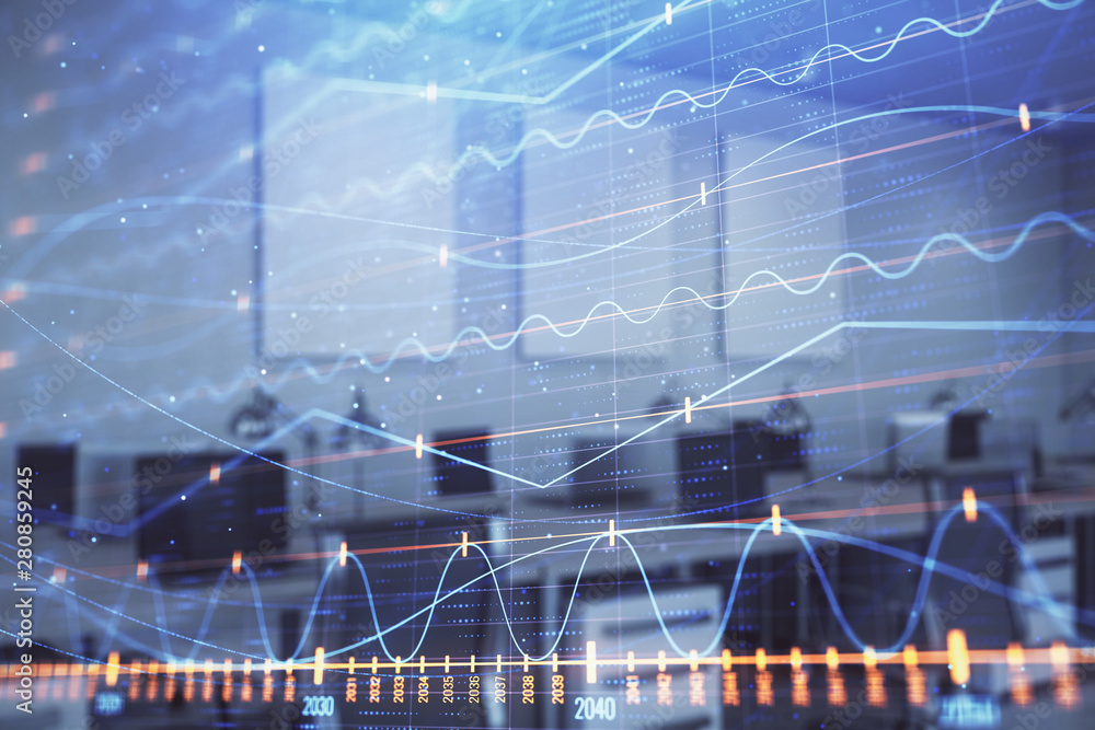 Stock market chart with trading desk bank office interior on background. Double exposure. Concept of financial analysis