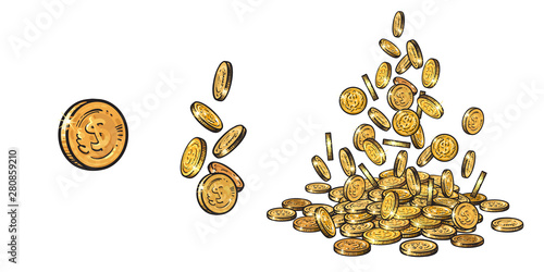 Finance, money set. Sketch of falling gold coins in different positions, pile of cash, stack of money. Hand drawn collection on white background. Vector illustration.