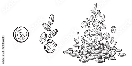 Finance, money set. Sketch of falling gold coins in different positions, pile of cash, stack of money. Hand drawn collection on white background. Vector illustration.
