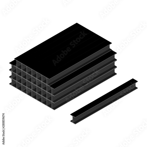 Stack of black steel beams isolated on white background isometric view. I beam or flange beam