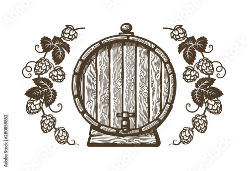 Old wooden beer barrel framed by branches of hops with leaves and cones. Design elements for brewery, beer festival, bar, pub decoration. Hand drawn vector illustration on white backgraund.