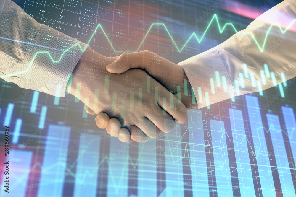 Multi exposure of forex graph on abstract background with two businessmen handshake. Concept of success on stock market Multi exposure of forex graph on abstract background with two businessmen handshake. Concept of success on stock market