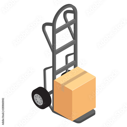 Hand truck with brown cardboard box vector. Package delivery