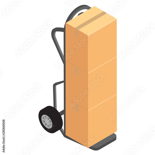 Hand truck with brown cardboard boxes vector. Package delivery