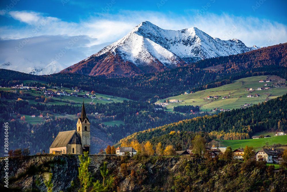 Rodenegg Chruch South Tyrol, Village in the Alps - obrazy, fototapety, plakaty 