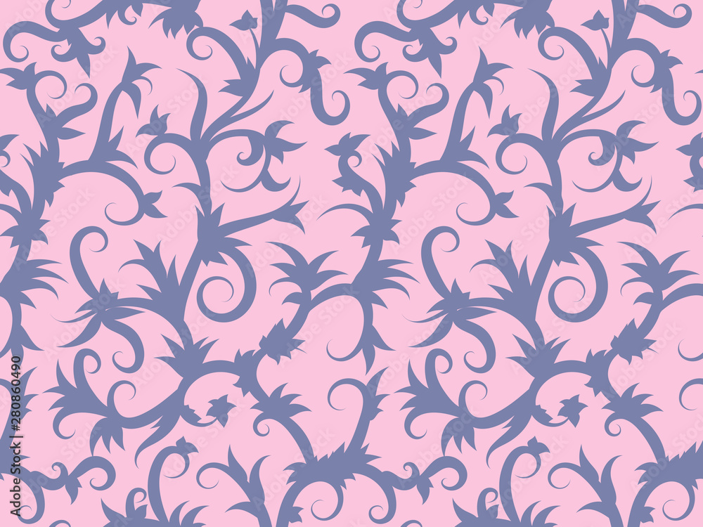 Fototapeta premium Curls of tropical vines on a pink background. Fashionable contour seamless print for fabric.