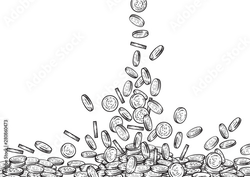 Sketch of falling coins, money flowing top down, big pile of cash, a lot of money, treasure concept. Black and white hand drawn vector illustration on white background.