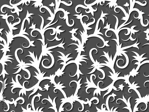 White volumetric pattern of tropical vines on a dark background. Seamless background in the style of a papercut