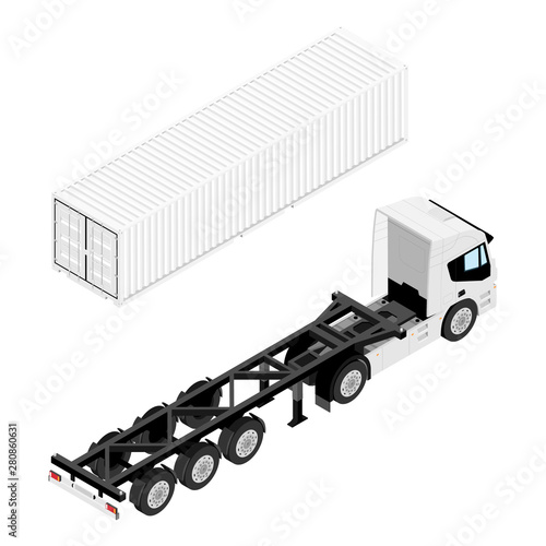 Semi trailer truck and container box isometric view. Cargo transportation