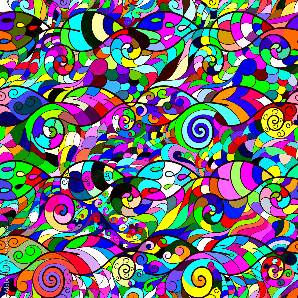 Colorful bright hypnotic seamless stained glass window in the form of stylized swirling sea waves