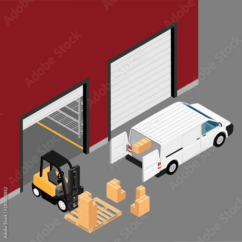 Warehouse building cargo transporting process, delivery lorry. Logistic concept. Industrial construction and factory storage