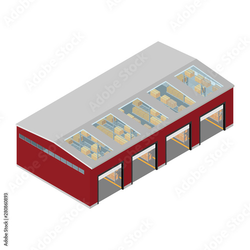 Warehouse building cargo transporting process, delivery lorry. Logistic concept. Industrial construction and factory storage vector icons.