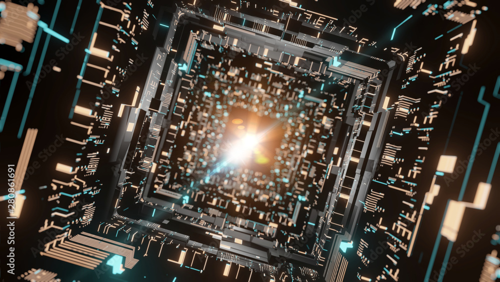 3D Rendering of sci fi corridor scene. Abstract geometry wall with glowing circuit binary data along hall way. Concept of technology background, big data, artificial intelligence, machine learning