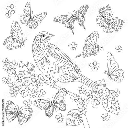 pretty bird on branch of flowering tree for your coloring book