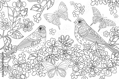 lovely couple of birds with butterflies in cherry garden for you