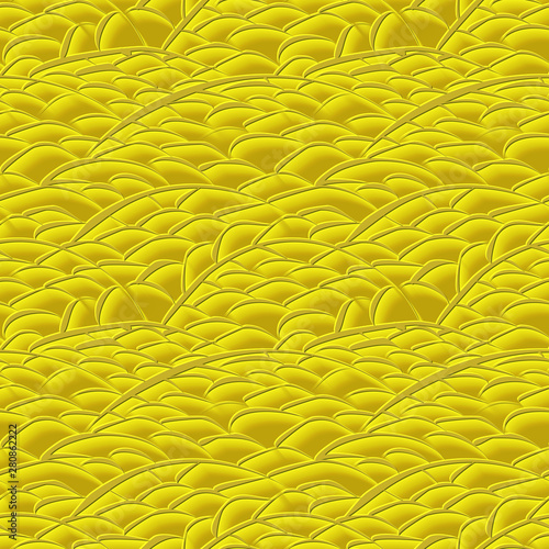 Abstract stylized seamless background. Engraving on the Golden surface of floral ornaments.