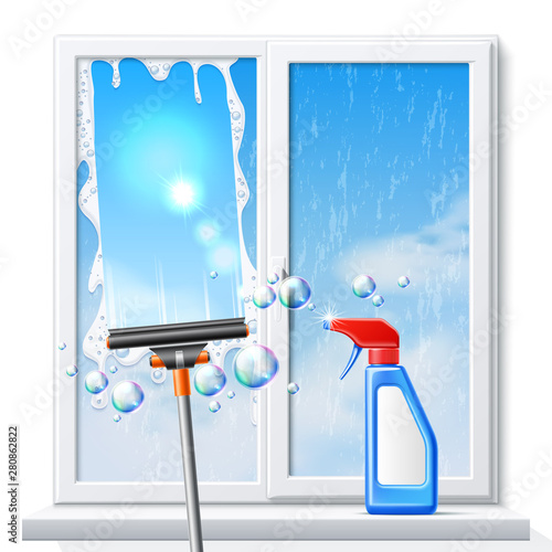 Realistic window cleaning poster with squeegee scraper, detergent spray bottle on background of clean window with blue sky. Vector household chores product design.