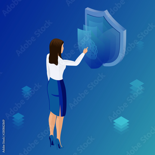 Business woman applies finger to fingerprint scanner to access database, data protection concept. Biometric identification concept.