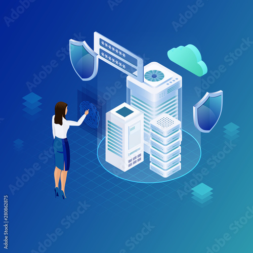 Data protection, hosting net or database concept. Business woman applies finger to fingerprint scanner to access database, data protection concept