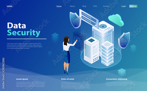 Internet security shield business concept. Business woman applies finger to fingerprint scanner to access database, data protection concept.