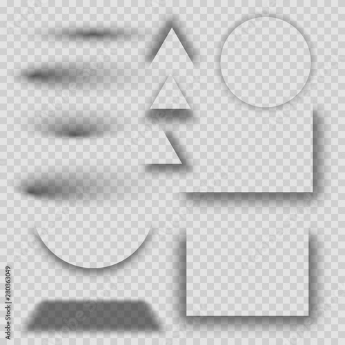 Transparent realistic shadow effect set. Set of round, triangle and square shadow effects. Realistic shadows set for advertising banner templates