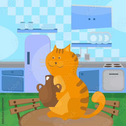 Cat eats sour cream from a ceramic bowl on the table in the kitchen