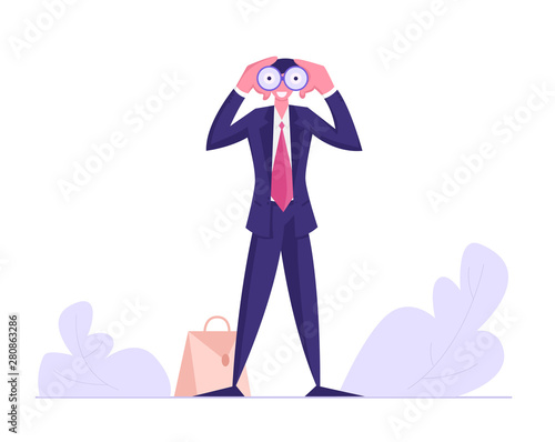 Businessman Watching to Binoculars, Business Vision, Recruitment Employee, Male Business Character Visionary Forecast, Prediction, Success Planning for Future Strategy Cartoon Flat Vector Illustration