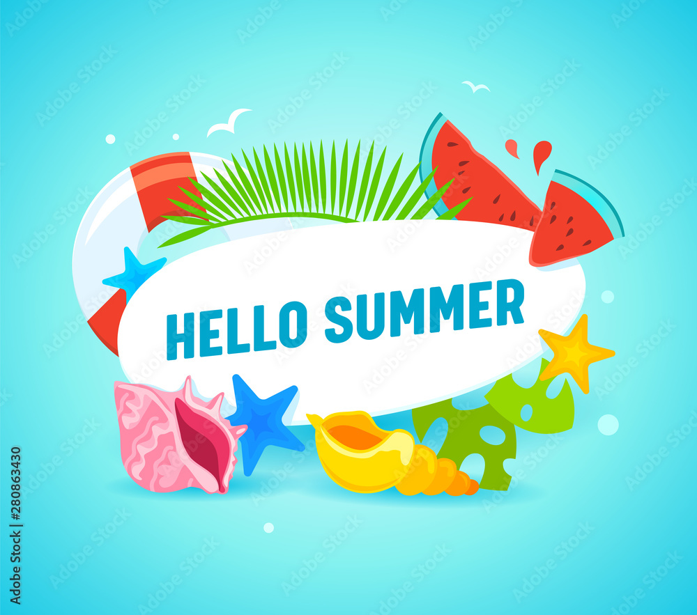 Hello Summer Banner with Typography and Summertime Items as Palm Leaves, Starfish, Lifebuoy, Watermelon Pieces and Colorful Shells