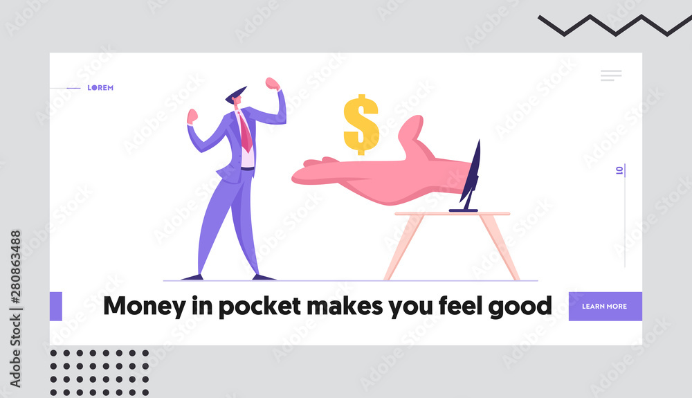Businessman Make Money Online Website Landing Page, Business Man Demonstrate Muscles Receive Dollars from Huge Hand from Pc Monitor. Internet Earning Web Page. Cartoon Flat Vector Illustration, Banner