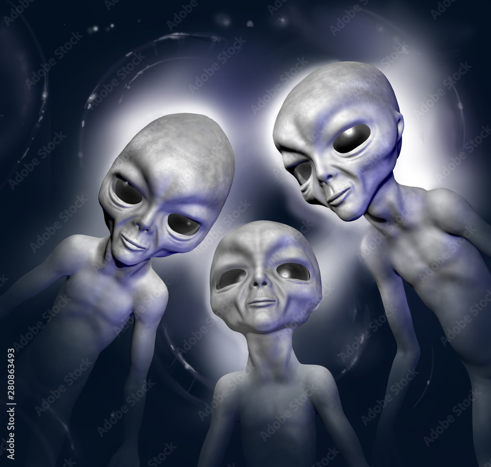 Three grey realistic aliens in space. 3D characters. Digital illustration. Digital art. Three grey realistic aliens in space. 3D characters. Digital illustration. Digital art.