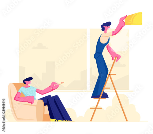 Handy Man Fixing Broken Conditioner Standing on Ladder at Home, Owner Sitting on Armchair, Repair Service Fixing Broken Technics. Electrician, Call Master at Work. Cartoon Flat Vector Illustration