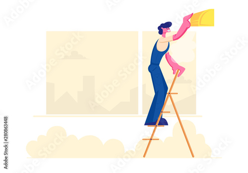Handy Man Fixing Broken Conditioner Standing on Ladder at Home, Worker Set Up Climate Control, Repair Service Fixing Broken Technics. Electrician, Call Master at Work. Cartoon Flat Vector Illustration