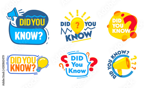 Set of Did You Know Badges Set with Megaphone, Light Bulb, Question Marks Icons, Social Media Marketing Tags, Stickers for Account, Advertising Promo Banners, Label. Cartoon Flat Vector Illustration