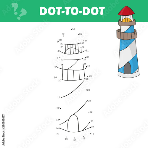 Coloring page for kids. Cartoon lighthouse. Vector game dot-to-dot for kids