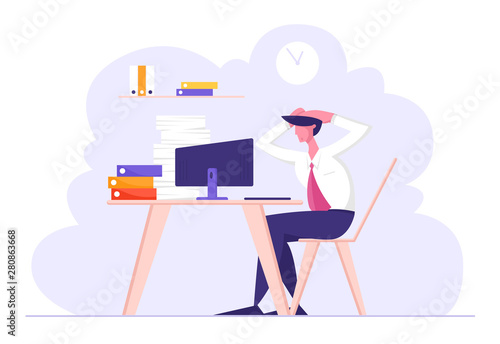 Overloaded Stressed Male Office Employee Character Sitting at Workplace with Computer and Huge Heap of Documents Holding Head of Deadline and Paper Bureaucracy to do, Cartoon Flat Vector Illustration