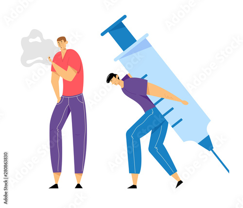 Human Addiction, Male Characters with Bad Habits, Man Smoking, Drug Addict Carry Huge Syringe on Back, Substance and Cigarettes Dependence or Addict, Health Problems. Cartoon Flat Vector Illustration