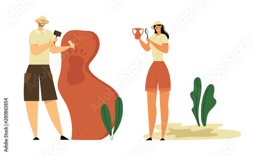 Archeologists Exploring Ancient Human or Animal Footprint Artifact. People Studying Ancient History, Scientists Working on Excavations with Professional Equipment, Cartoon Flat Vector Illustration
