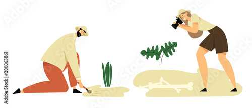 Archeologists, Paleontology Scientists Working on Excavations, Digging, Exploring and Photographing Ancient Artifacts. People Studying Dinosaurs Fossil Skeleton Bones. Cartoon Flat Vector Illustration