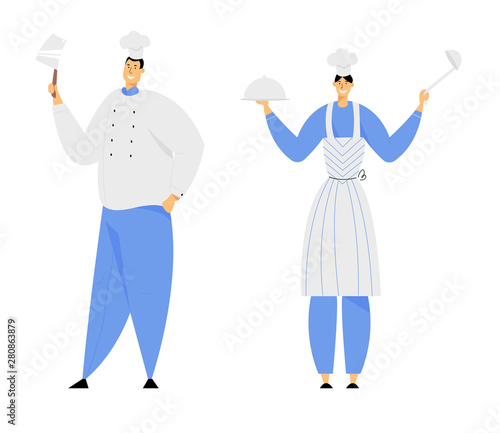 Hospitality, Restaurant Staff Characters in Uniform. Smiling Woman in Apron Holding Tray with Dish Under Silver Cloche Lid and Ladle, Man in Chef Toque with Beef Knife Cartoon Flat Vector Illustration