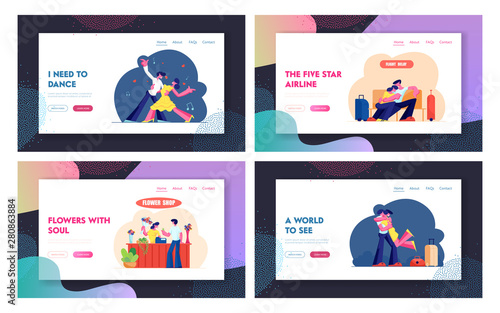 Tango Dancers, Flight Delay, Flower Shop, Meeting after Travel Website Landing Page Set, People Dancing, Waiting Airplane in Airport, Man Buy Bouquet Web Page. Cartoon Flat Vector Illustration, Banner