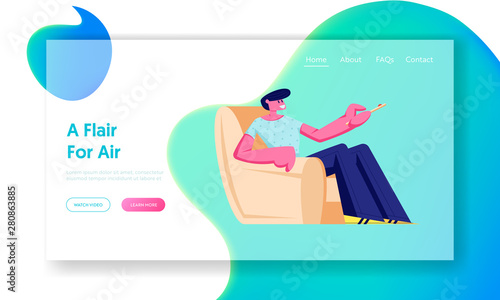 Man Sit in Armchair at Home with Remote Control for Conditioner or Tv Set , Character Using Domestic Technique, Climate Control Website Landing Page, Web Page. Cartoon Flat Vector Illustration, Banner