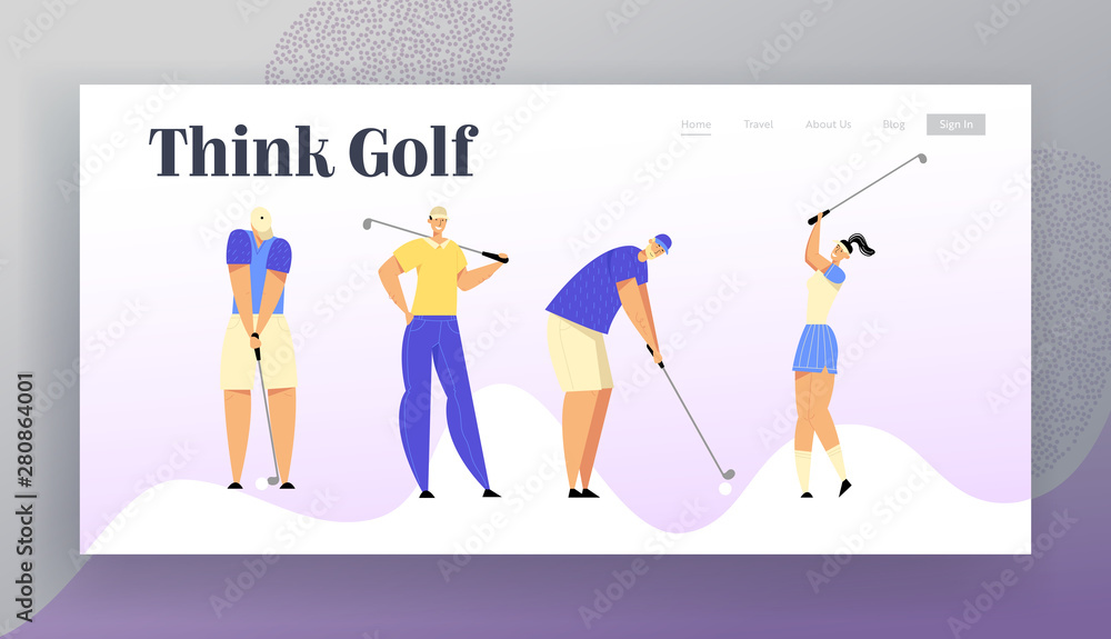 Sport Game, Tournament, Summer Luxury Recreation. Website Landing Page, Group of People in Sports Uniform Playing Golf with Professional Equipment, Web Page. Cartoon Flat Vector Illustration, Banner