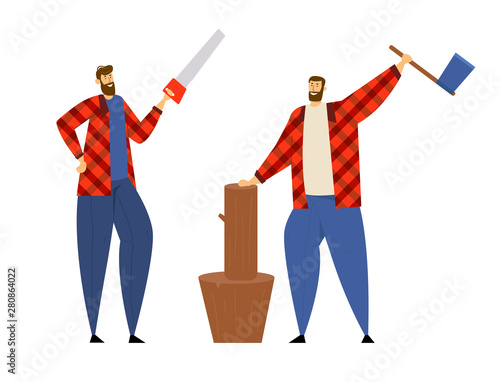 Couple of Lumberjack Male Characters in Plaid Shirt Standing in Different Poses Holding Axe and Saw in Hands. Worker Lumber with Wooden Log on Stump Posing, Woodcutter Cartoon Flat Vector Illustration